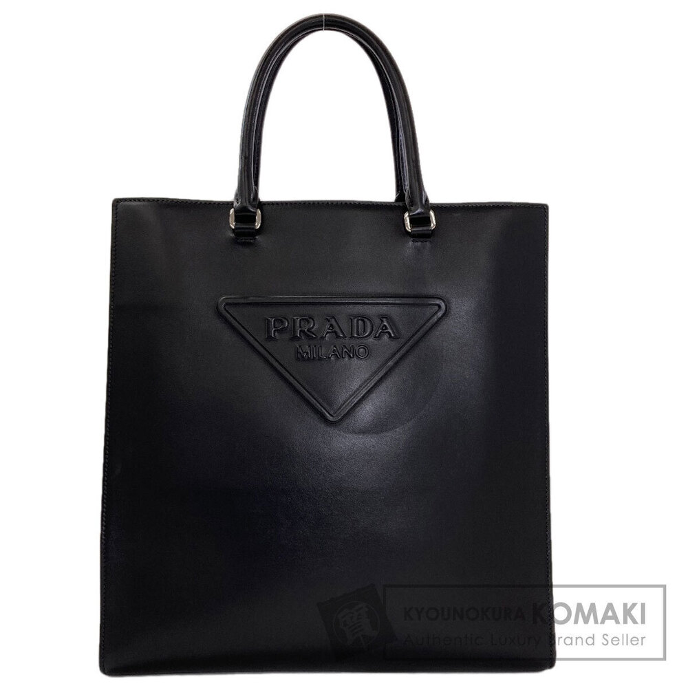 Prada black leather tote bag prominent embossed tonal triangle logo